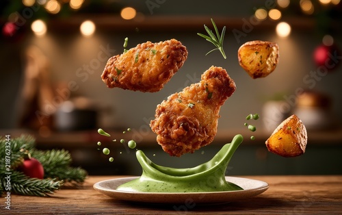 Festive Christmas Dinner with Fried Chicken and Potatoes