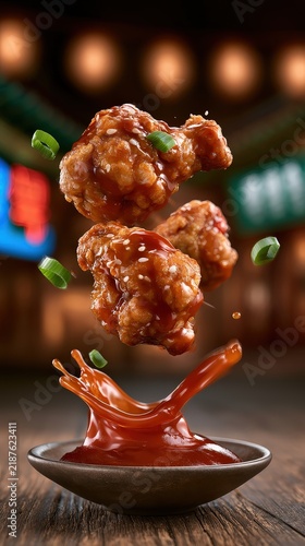 Delicious Fried Chicken with Spicy Sauce in a Casual Diner Setting