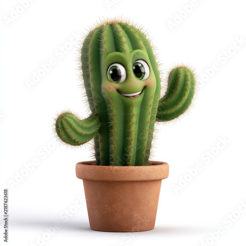 Cute Cartoon Cactus in Pot with Smiling Face