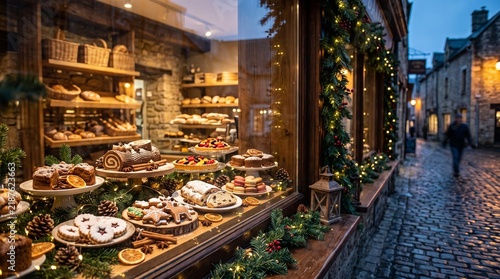 Bakery display case with Christmas sweets