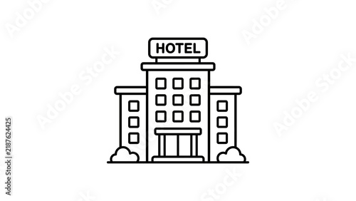 Hotel building with signage icon in black line style on transparent bg.