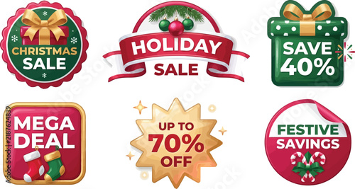 Festive Christmas sale and mega deal badges isolated on transparent background. Great for holiday shopping season advertisements.