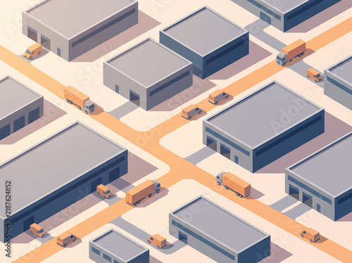 Isometric Illustration of Warehouse Network with Delivery Trucks on Branching Roads
