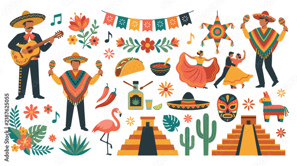 Fototapeta premium Mexico cultural celebration with dancers musicians and landmarks.