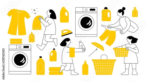 Minimalist, black-and-white characters with yellow laundry, washing, clothes, detergent, dryer, ironing, basket on white background