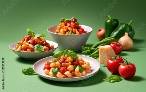 Colorful Bowl of Pasta with Tomatoes and Basil on Green Table Surrounded by Fresh Vegetables and Cheese