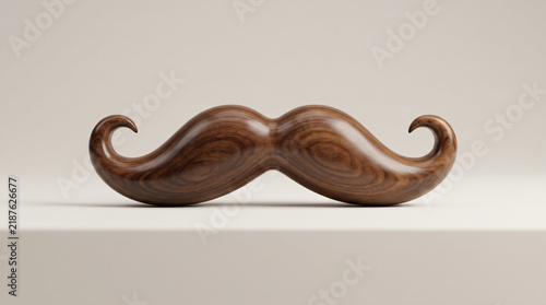 Wooden mustache 3D render with curled handlebar tips for gentleman concept and barber shop branding