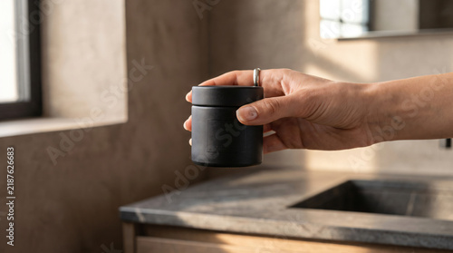 Black cosmetic jar held by hand in a modern luxury bathroom skincare product mockup scene