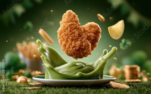 Delicious Fried Chicken Heart-Shaped Snack with Lemon Wedges and Money Surrounding Celebrating a Special Occasion