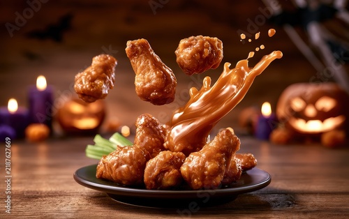 Halloween-Themed Fried Chicken Platter with Drizzled Sauce