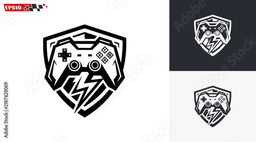 Gaming Controller with Lightning Bolt Shield Logo Design.