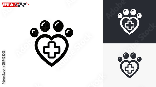 Veterinary care symbol with paw print and heart cross design.