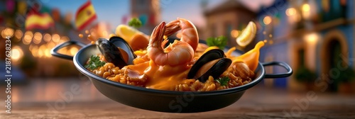 Colorful Seafood Paella in a Black Pan with Lemon Wedges Olives and Herbs Served at a Festive Spanish Fiesta