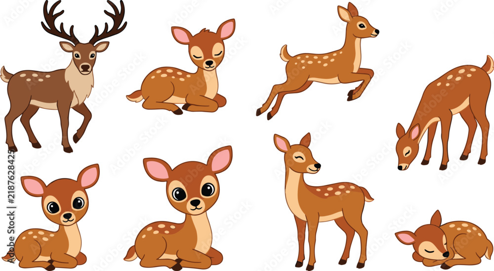 Fototapeta premium Cute Woodland Deer Vector Character Set with Playful Fawn and Stag in Various Poses for Kids Nursery Designs
