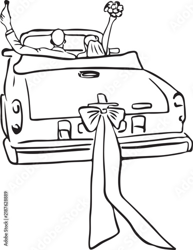 Принти на полотні Hand-drawn vector illustration: Bride and groom riding in a wedding car