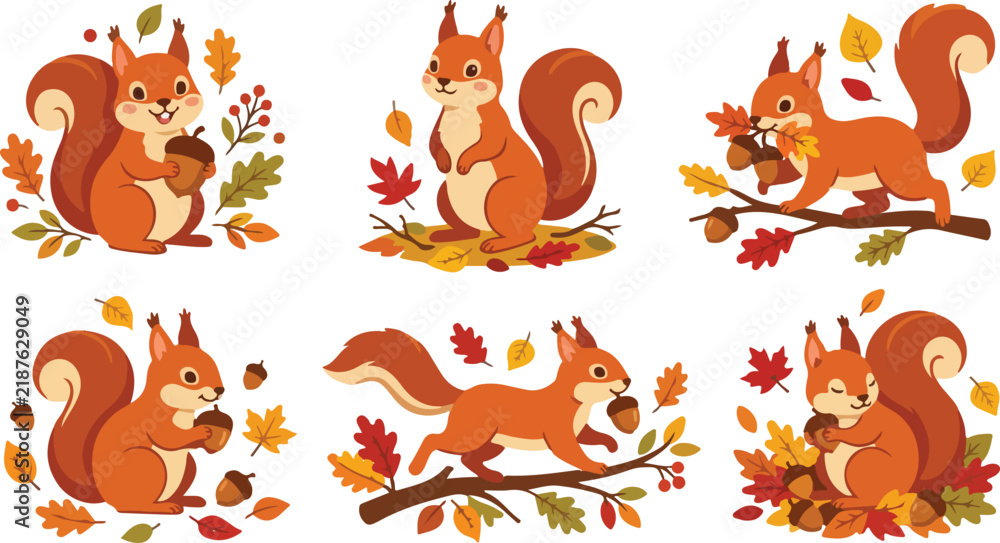 Obraz premium Cute Squirrel Autumn Leaves and Woodland Nature Illustration