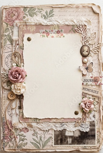 Elegant Vintage Scrapbook Page Mockup with Blank Torn Paper, Lace, Paper Roses, Key and Nostalgic Embellishments
