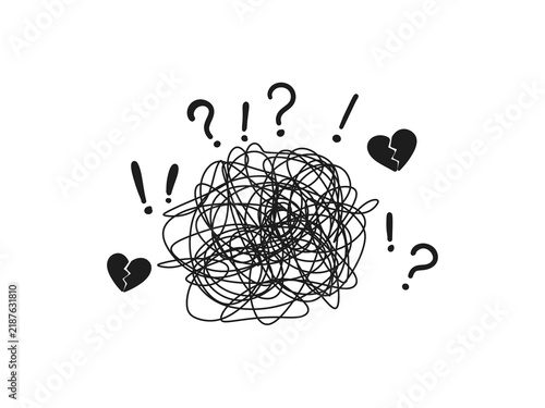 Messy scribble tangle with question marks and broken hearts isolated on transparent background. Doodle representing emotional confusion, heartbreak, mental chaos, relationship problems, and stress