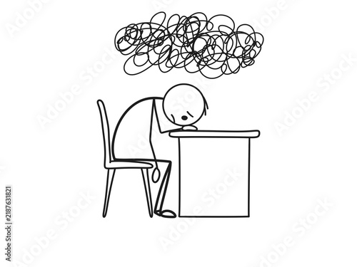 Depressed stick figure sitting at desk with messy cloud overhead isolated on transparent background. Black line art doodle. Depression, mental burnout, overthinking, anxiety, and work stress