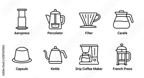 Bild auf Leinwand Coffee Brewing Icons Set: Aeropress, Percolator, Filter, Carafe, Capsule, Kettle
