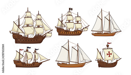 Bild auf Leinwand Vintage Sailing Ship and Pirate Galleon Vector Clipart Set Featuring Wooden Cara