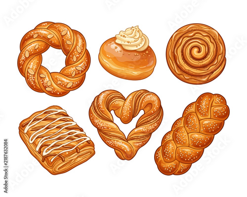 Fresh delicious golden baked goods assortment featuring various sweet pastries and braided breads for breakfast menu design displays and culinary concepts showcasing traditional artisan bakery