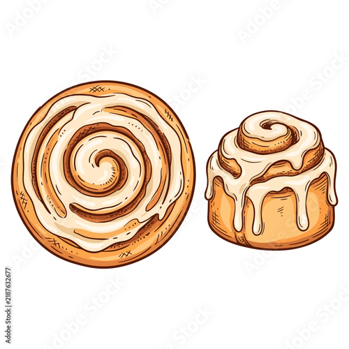 Freshly baked sweet cinnamon rolls glazed with thick sugar icing representing traditional pastry snacks prepared for breakfast menus and dessert cafe dining experiences featuring appetizing food