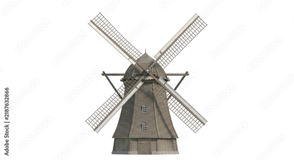 Obraz premium Vintage Dutch windmill with sails turning during daytime isolated on transparent background