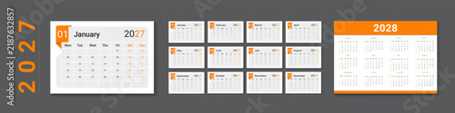 2027 desk Calendar Template Design With Orange Wave Corporate Vector Layout
