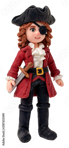 Handmade clay female pirate with eye patch and sword ready for adventure