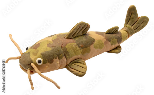 Handmade clay catfish with camouflage pattern and long whiskers