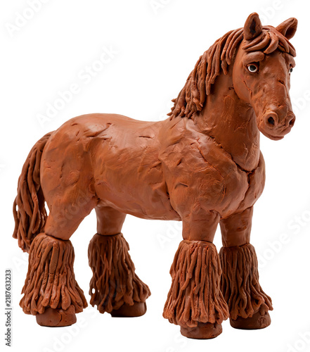 Handmade clay shire horse sculpture with detailed mane and feathered legs