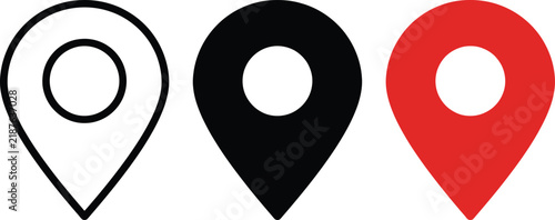 Three map location pin icons in outline, solid black, and solid red styles for navigation, travel, and geographic point of interest web use