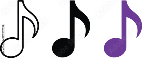 Three musical note icons in a row, featuring a black outline, a solid black silhouette, and a solid purple music note on white background