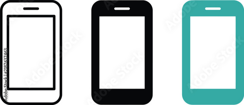 Three smartphone icons displayed horizontally, featuring a black outline, a solid black silhouette, and a solid teal phone on white background