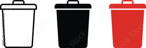 Three trash can or recycle bin icons in outline, solid black, and solid red styles for delete, remove, and waste management web interface