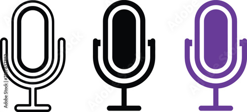 Three variations of a microphone audio icon, including a black outline version, a solid black filled version, and a solid purple filled version