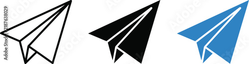 Three variations of a paper plane icon, including a black outline version, a solid black filled version, and a solid blue filled version