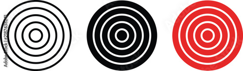 Three variations of a target bullseye icon, including a black outline version, a solid black filled version, and a solid red filled version