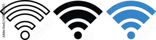 Three wireless internet signal icons, featuring a black outline, a solid black silhouette, and a solid blue wireless network symbol on white