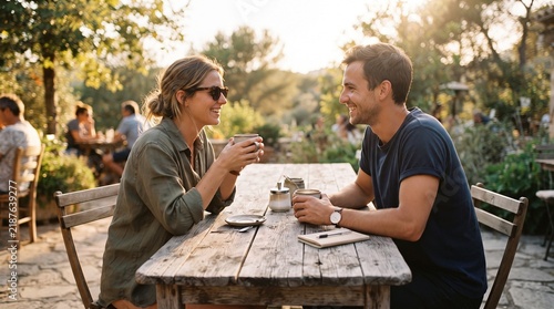 Couple enjoys a warm coffee break together at an outdoor cafe table