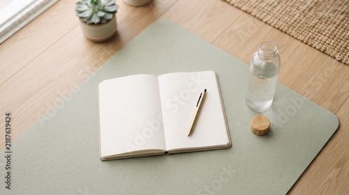 Open notebook with pen and water bottle on a planner mat