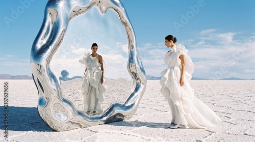 Model in white dress standing beside a reflective mirror in a plain landscape. Minimalist Surreal Lookbook  
