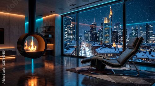 Modern Luxury Penthouse Interior with Hanging Fireplace and Panoramic Night View of Snowy City Skyline