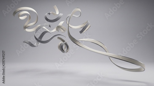 An elegant flowing sculpture crafted from reflective material embodying movement and abstract form in a minimalist setting