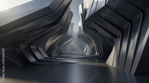 A striking abstract digital artwork featuring a dramatic converging perspective and shadowy forms