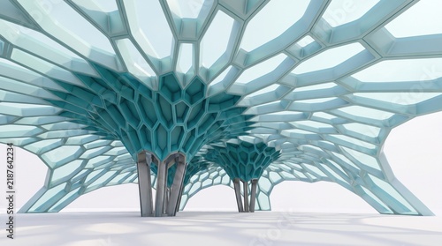 Futuristic architectural design featuring a complex organic structure with a striking teal color palette