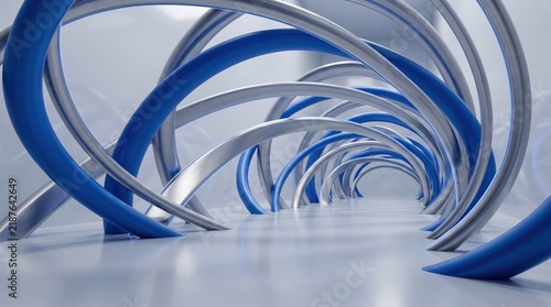 A futuristic tunnel of swirling blue and silver forms creates a sense of depth and motion