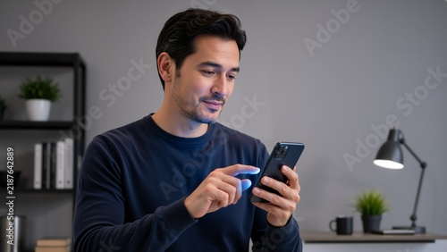 A man in a dark sweater uses his smartphone attentively while standing in a contemporary home office with shelves, plants, and a desk lamp in the background.. Digital public services