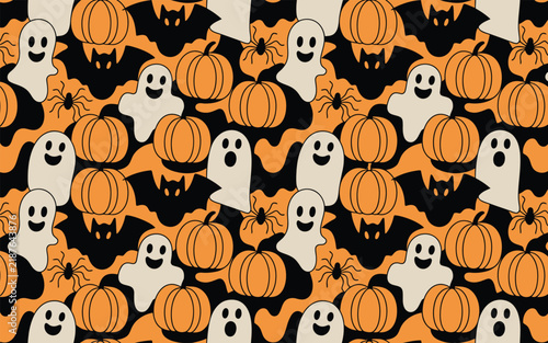 Abstract halloween repeating pattern with pumpkins and white ghost silhouettes